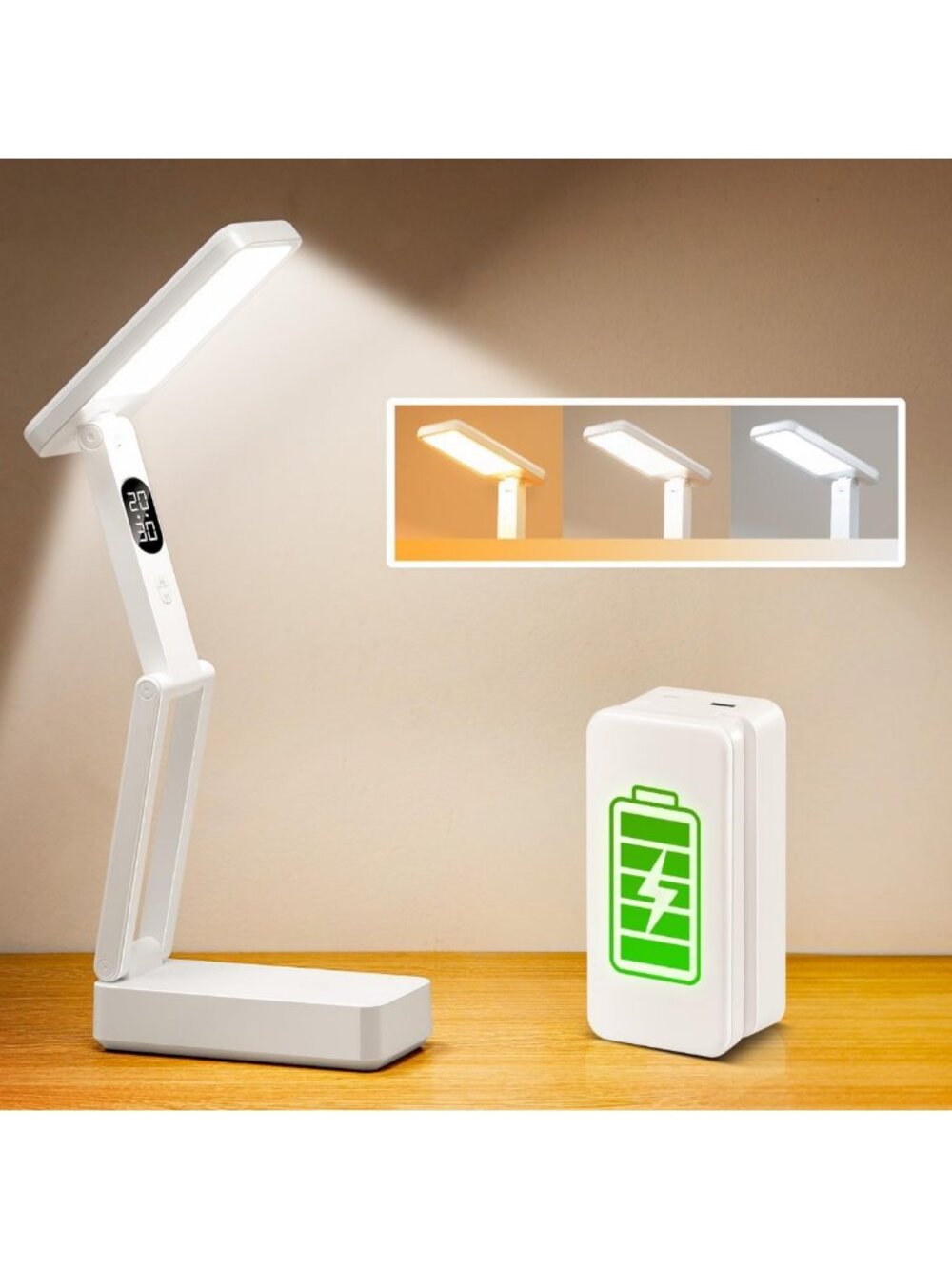 Portable LED Desk Lamp with Timer, Dimmable Light, 3 Colors & Digital Clock